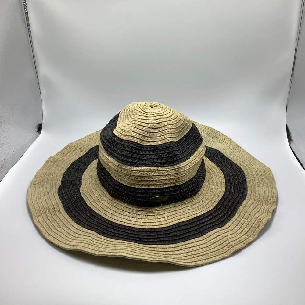 Panama Jack Womans Straw Sun Hat Tan‎ Black Beach Hat Wide Brim